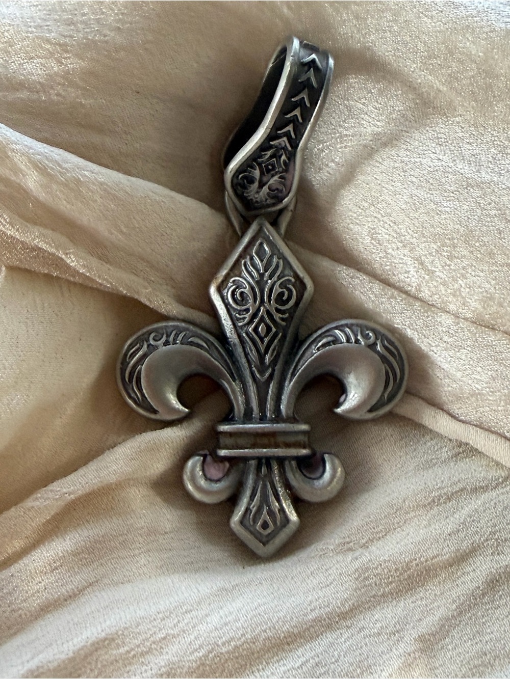 EVBEA Silver Tone Fleur de Lis Statement Pendant, Detailed Heraldic Design